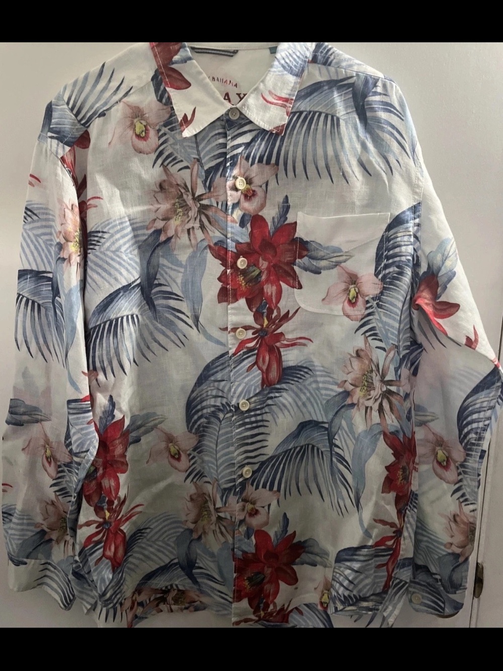 Tommy Bahama White Button-Down with Blue Palm Leaves and Red Floral Print
